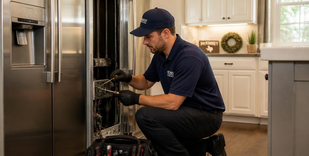 McKinney appliance repair technician servicing a refrigerator in a local home